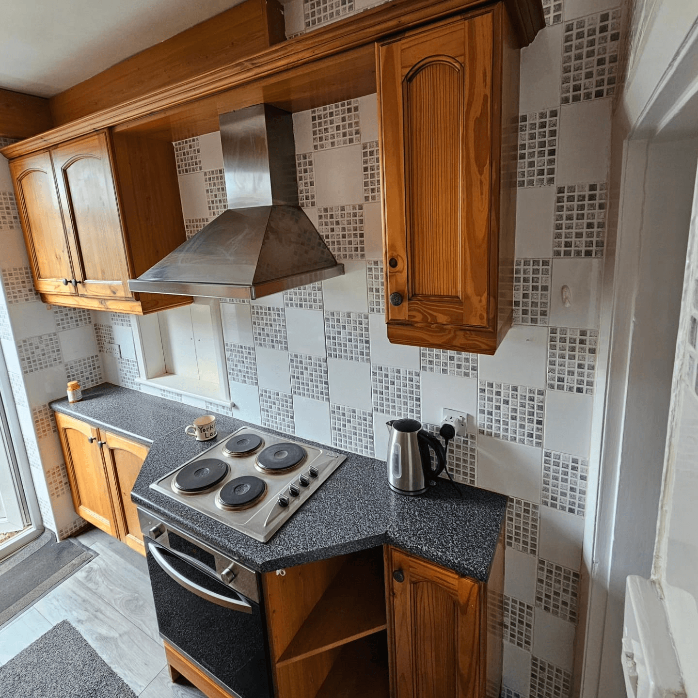 Kitchen before respray Sheffield — oak galley cooker and extractor area