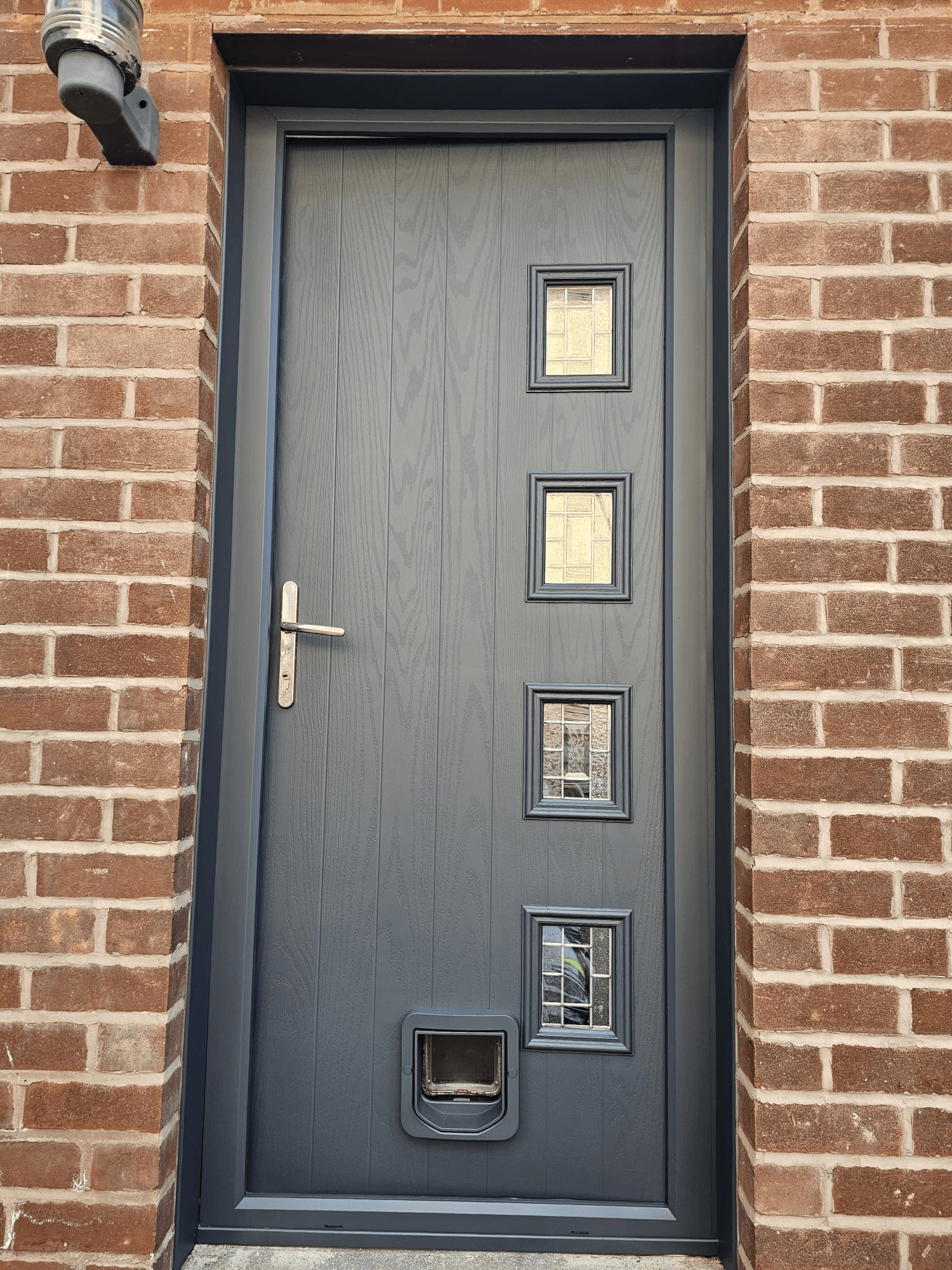 UPVC door spraying Sheffield — anthracite grey finish with four glass panels and cat flap