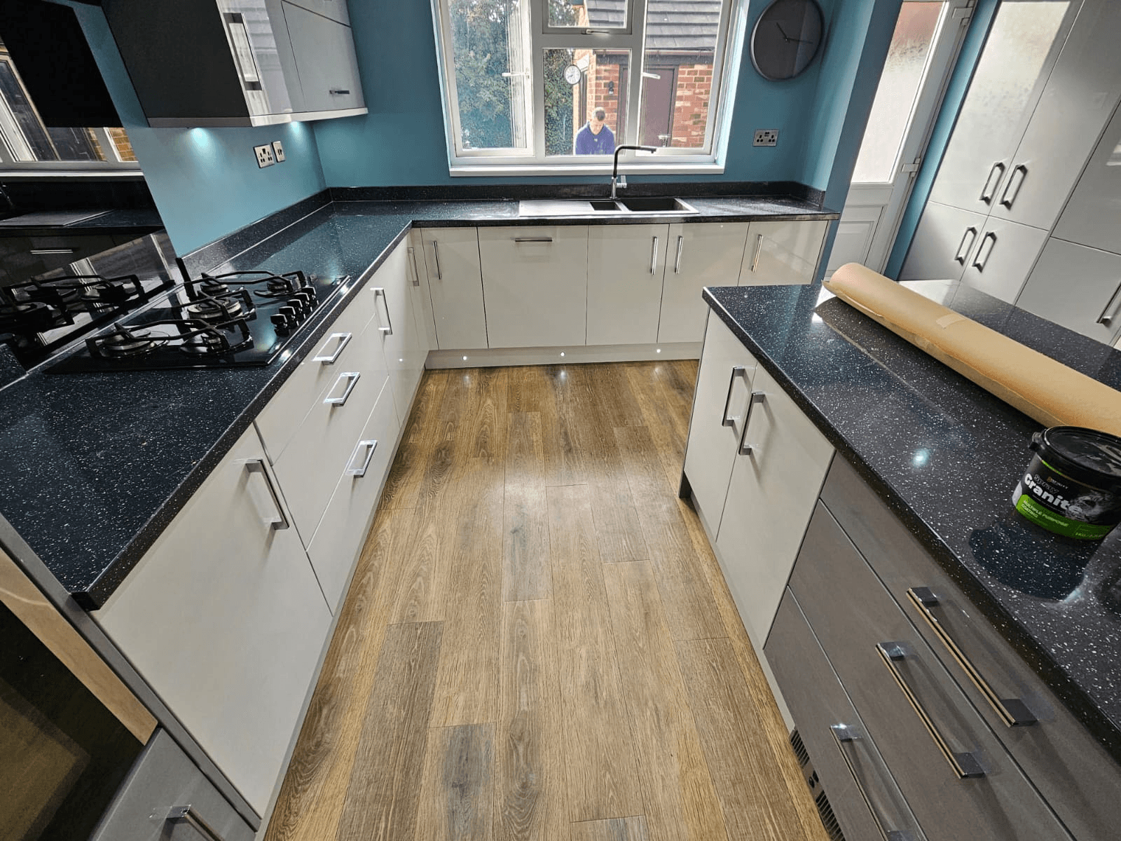 Kitchen worktop spraying Sheffield — black galaxy granite full kitchen view