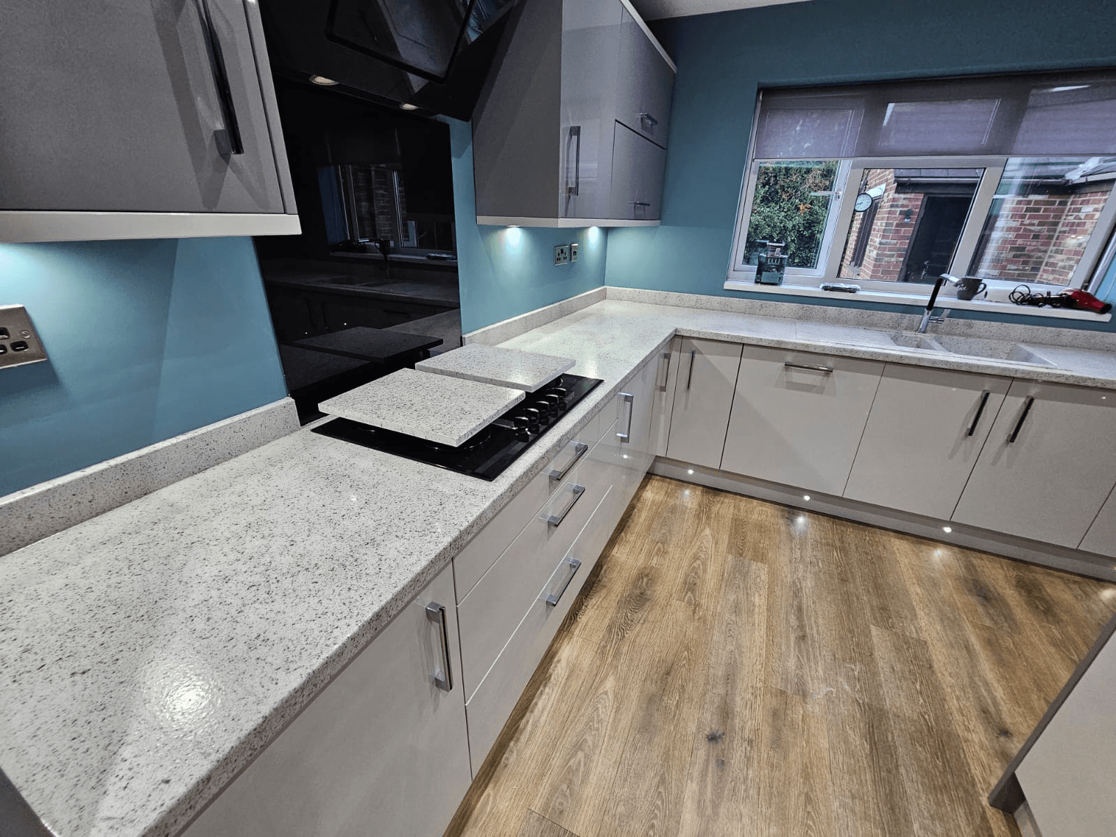 Kitchen worktop spraying Sheffield — white granite resin full kitchen view