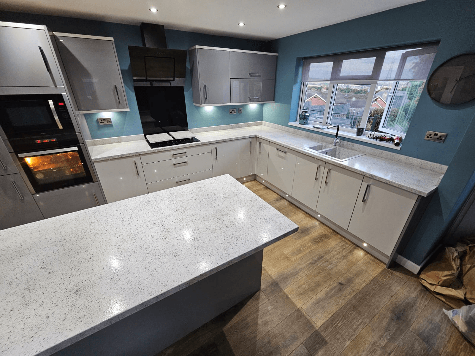 Kitchen worktop respray Sheffield — white granite full kitchen overview